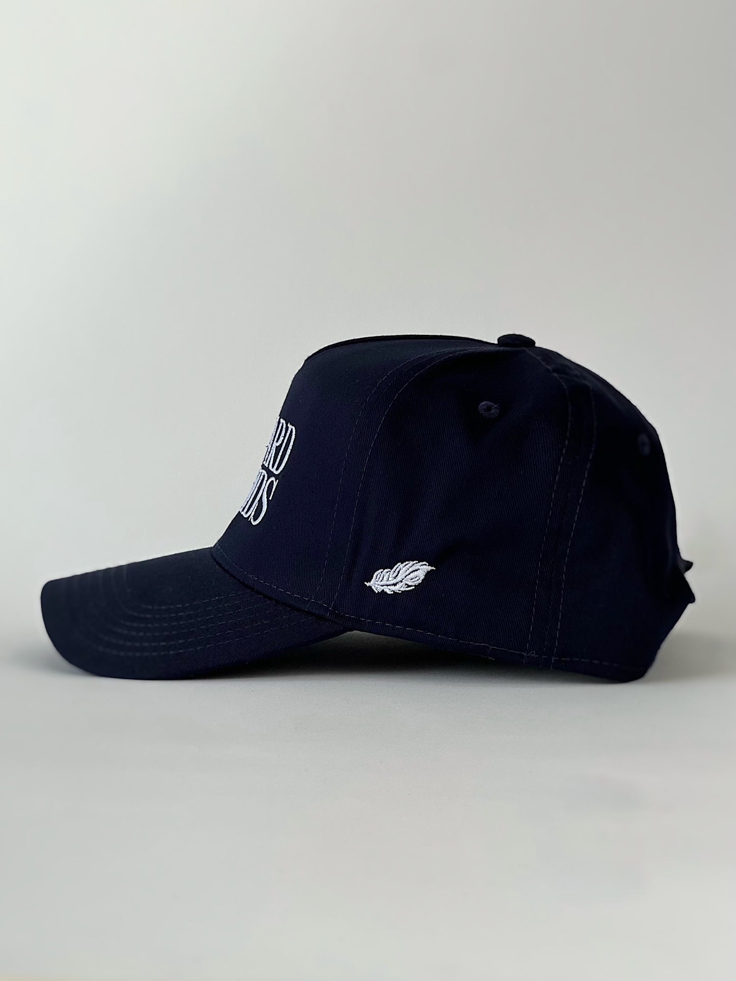 Mallard and Friends Navy Blue 5 Panel Hat with Alternate Logo Side View