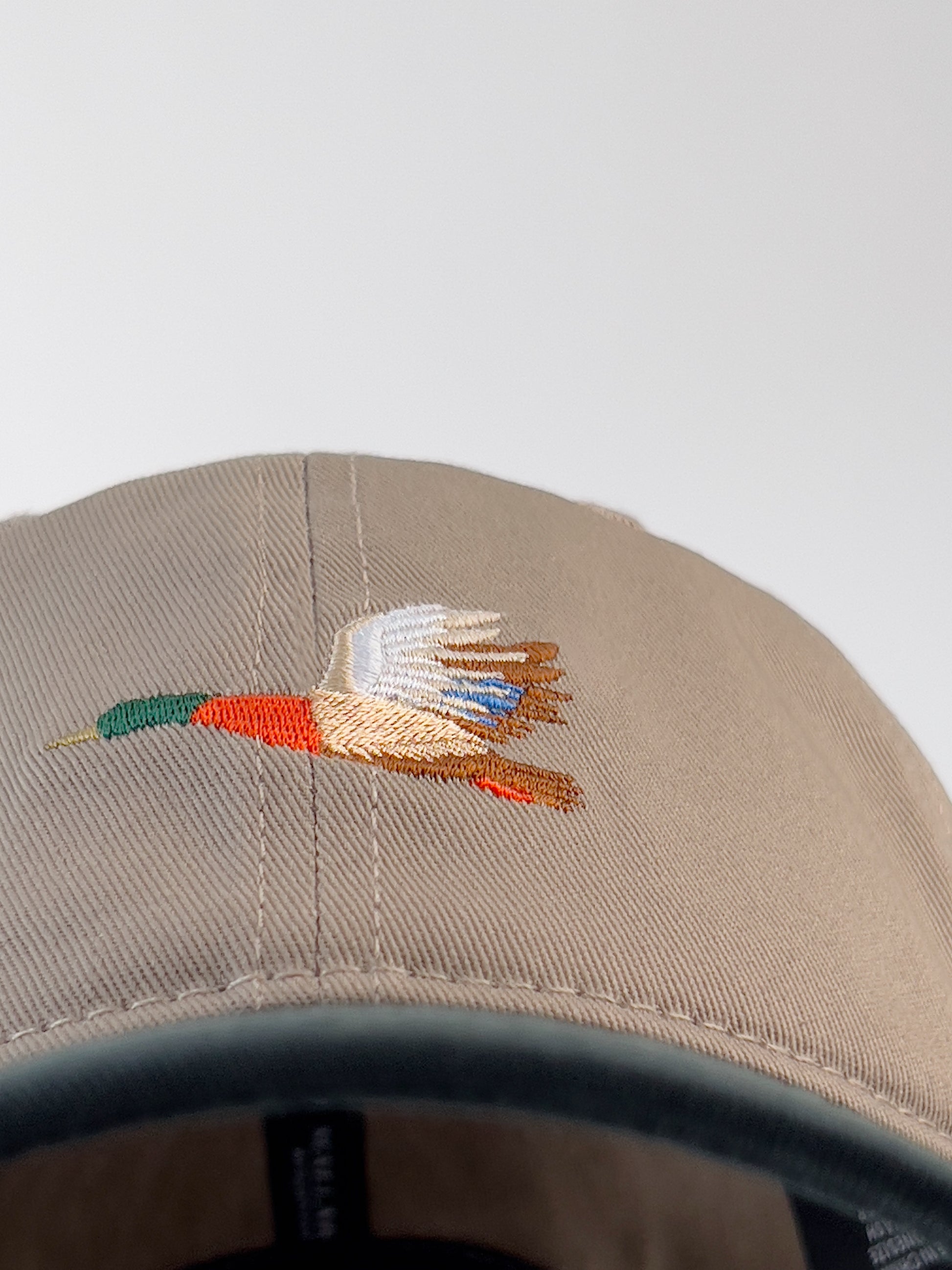 Mallard and Friends Khaki and Dark Green 6 Panel Dad Hat Front Logo View