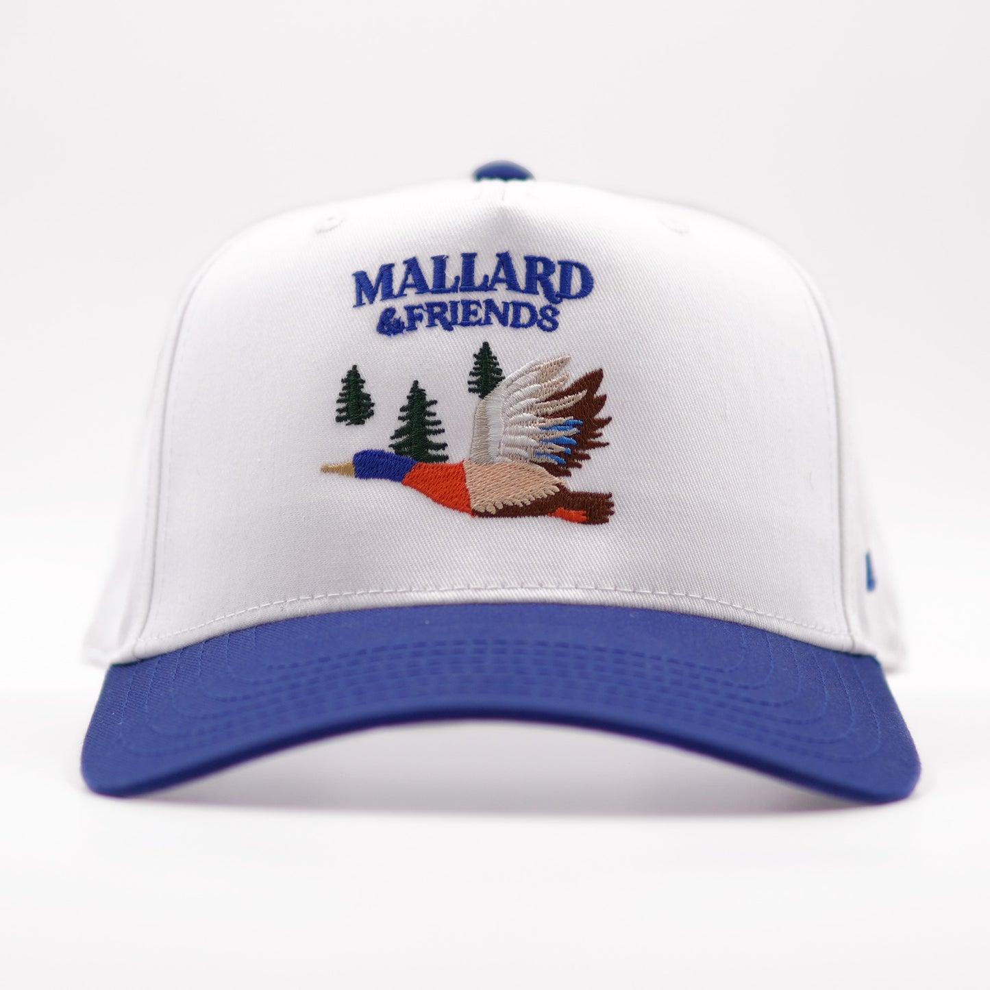 Mallard and Friends White and Royal Blue Five Panel Hat Steamless Front with Full Buckram