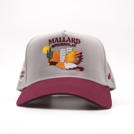 Mallard @ Phoenix, AZ Gray and Maroon Five Panel Hat Steamless Front with Full Buckram