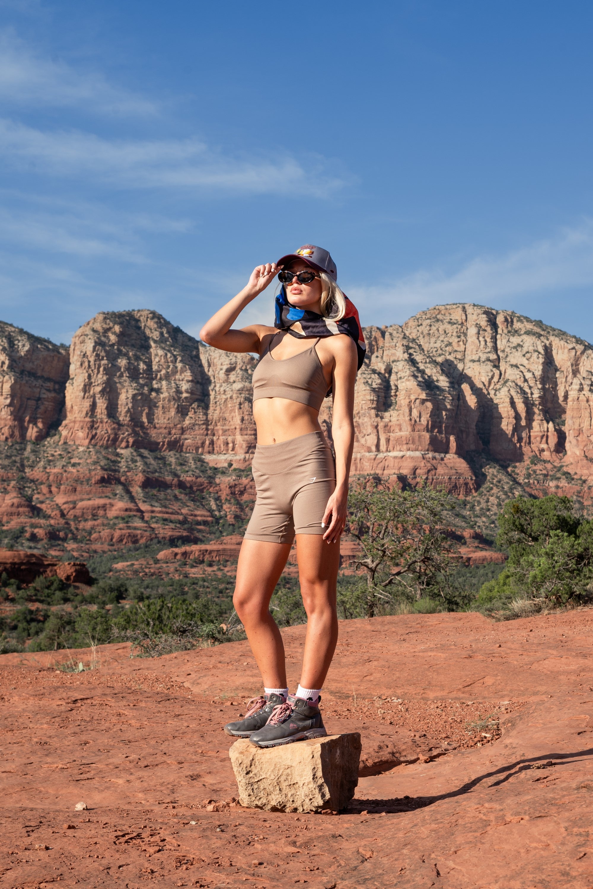 Woman in sportswear wearing Mallard and Friends Gray and Maroon Five Panel Hat mobile version