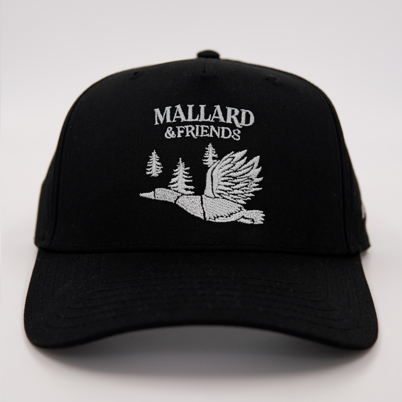 Mallard & Friends Black Five Panel Hat Steamless Front and Full Buckram