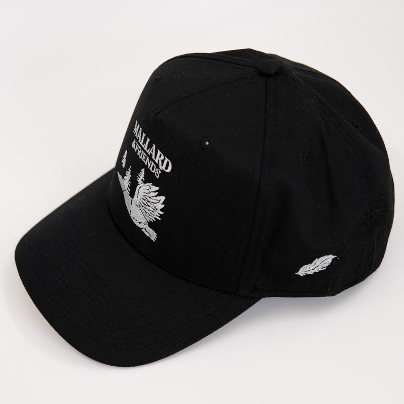 Mallard & Friends Black Five Panel Hat Flat Embroidery