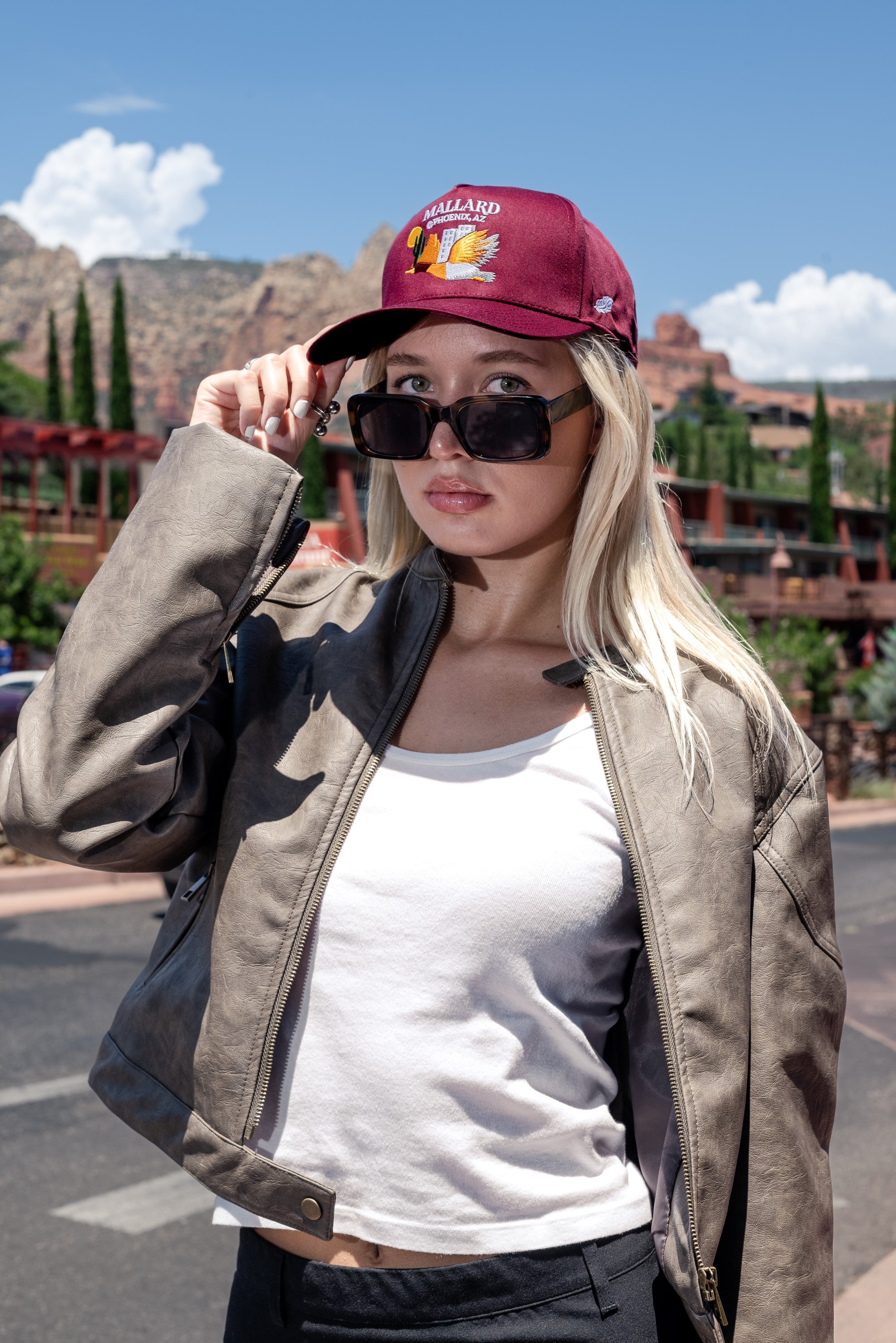 Blonde Woman wearing Mallard @ Phoenix, AZ Maroon Five Panel Hat in Sedona