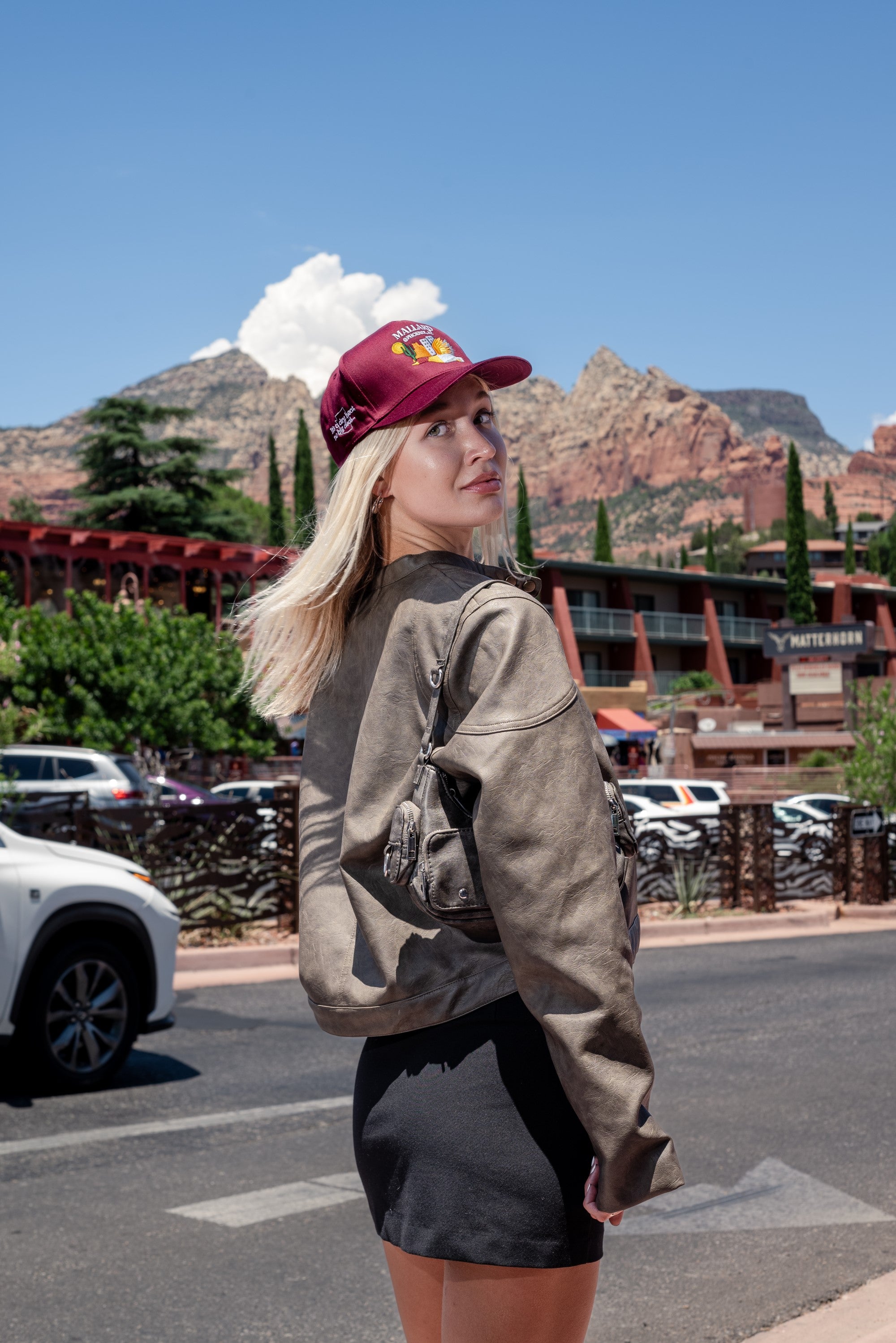 Blonde Woman wearing unique and stylish Mallard @ Phoenix, AZ Maroon Five Panel Hat