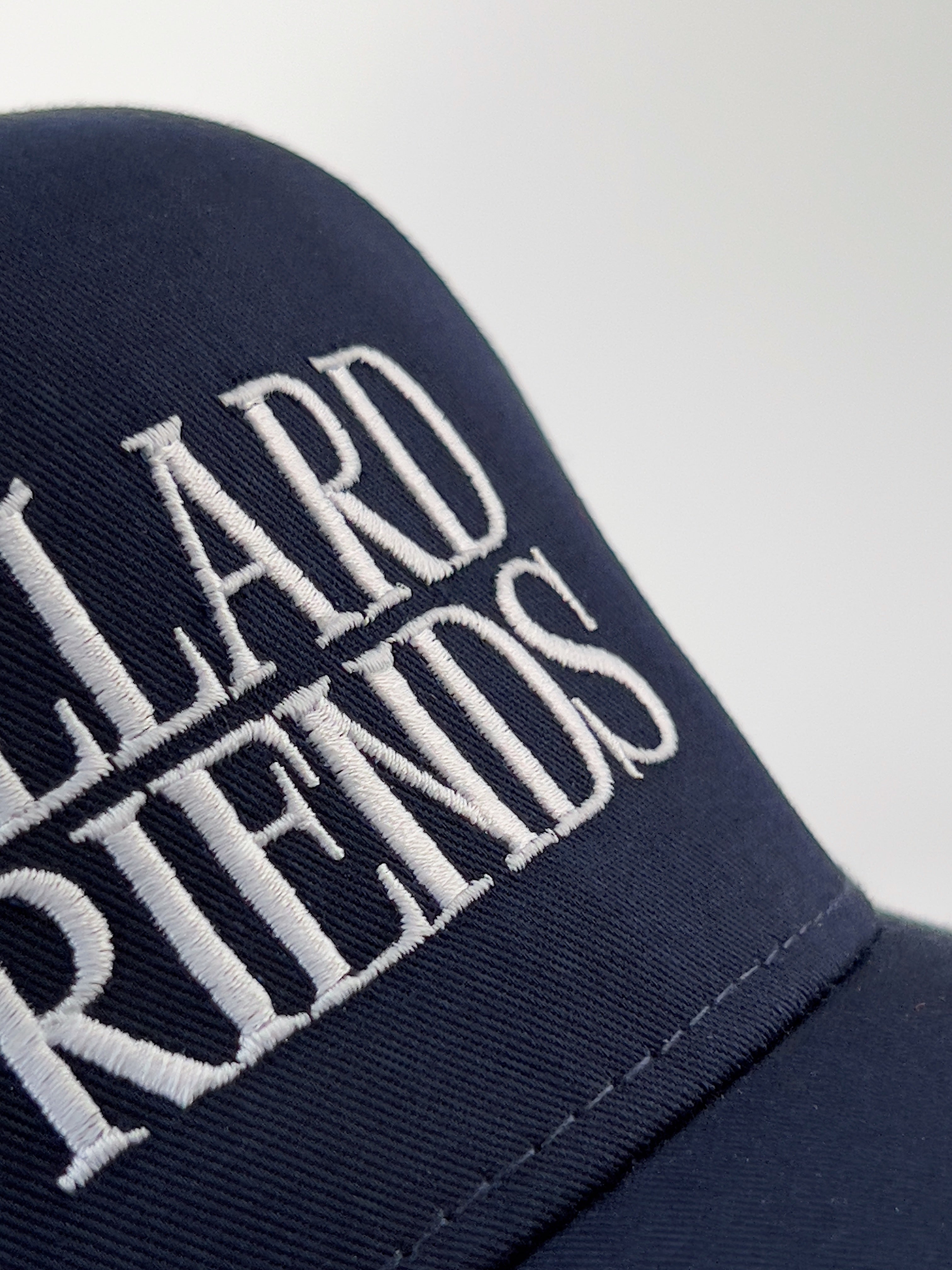 Mallard and Friends Navy Blue 5 Panel Hat with Alternate Logo Close Up 