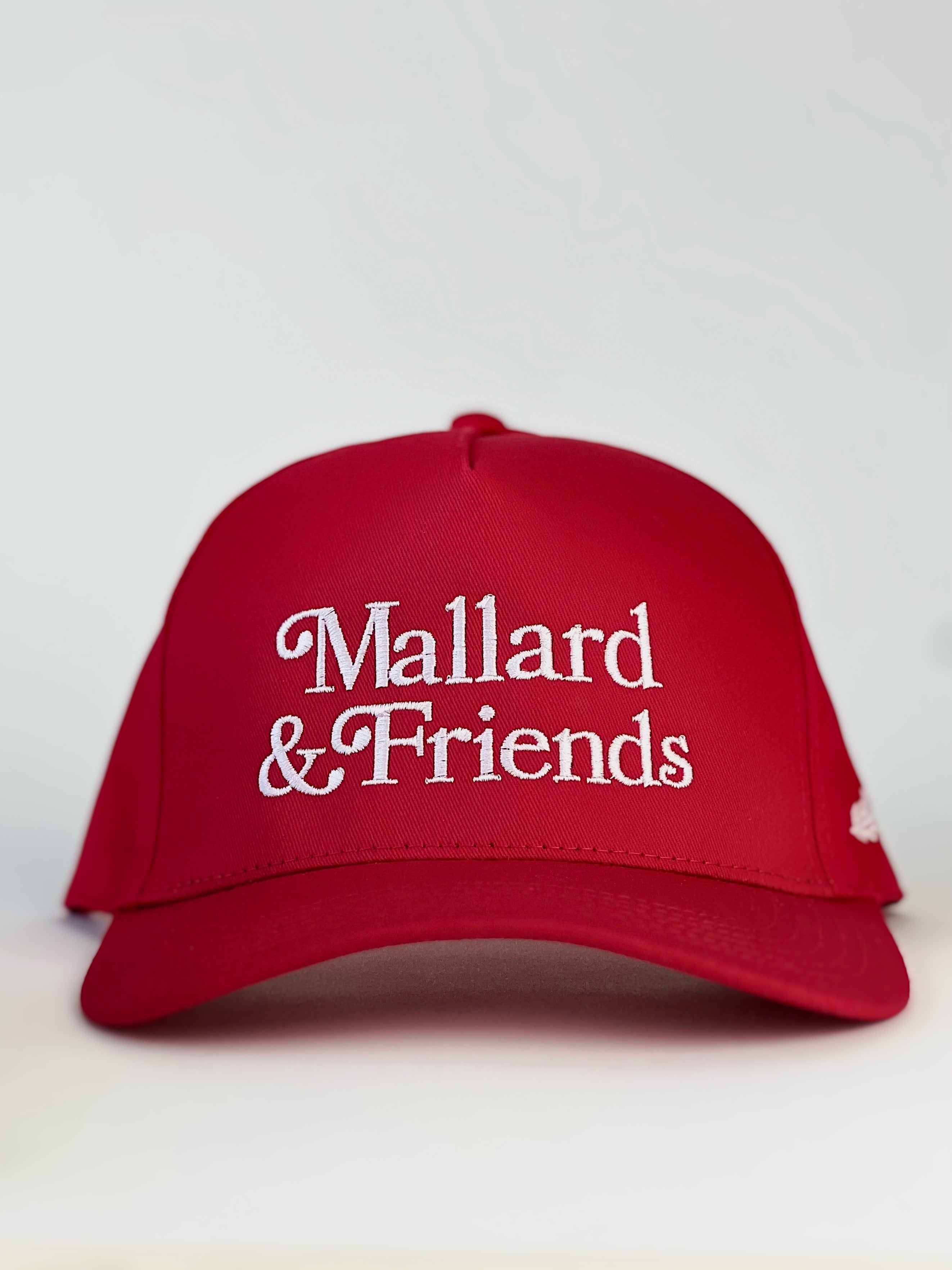 Mallard and Friends Red Five Panel Hat with Alternate Logo Front View