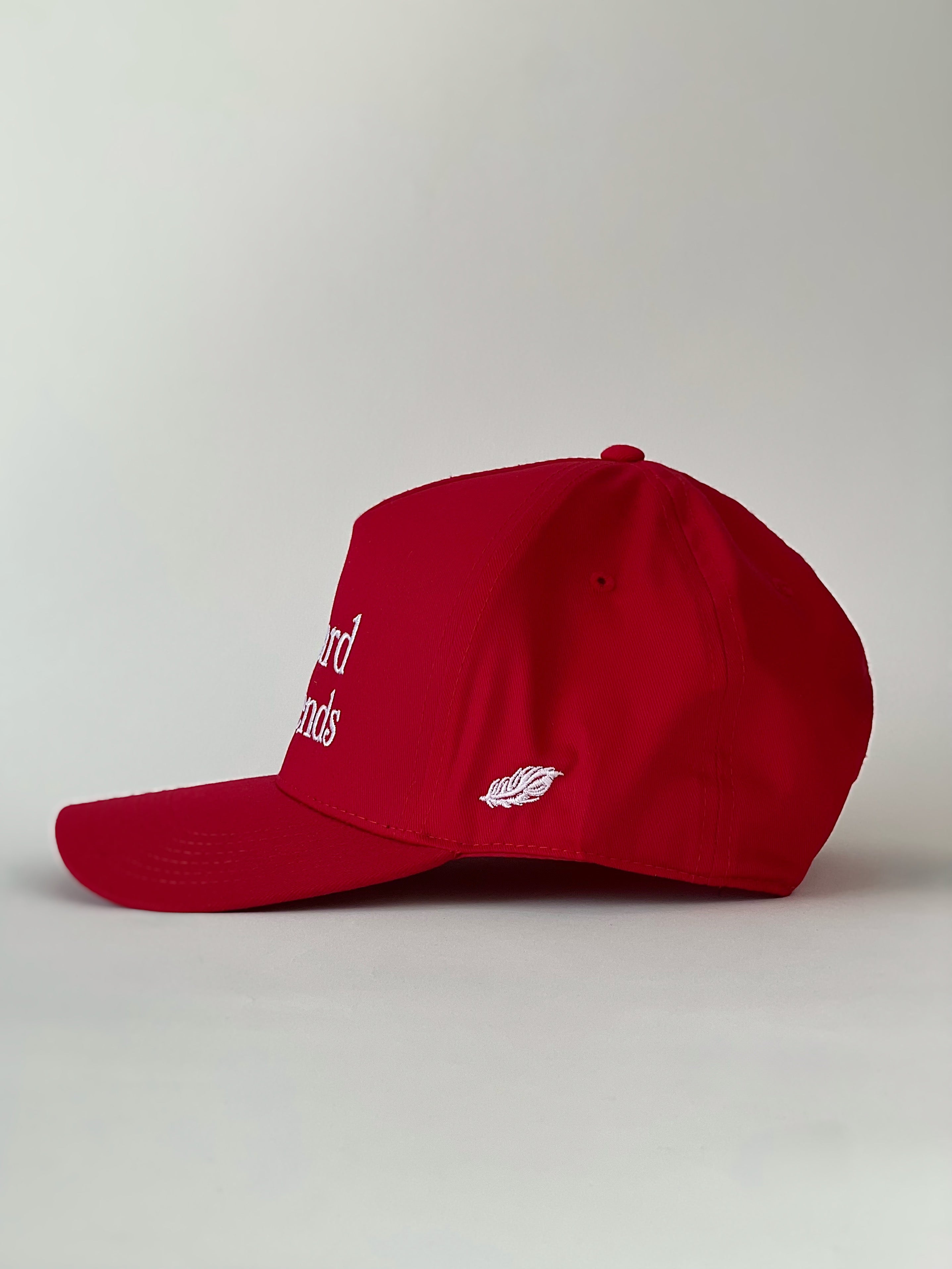 Mallard and Friends Red Five Panel Hat with Alternate Logo Front View