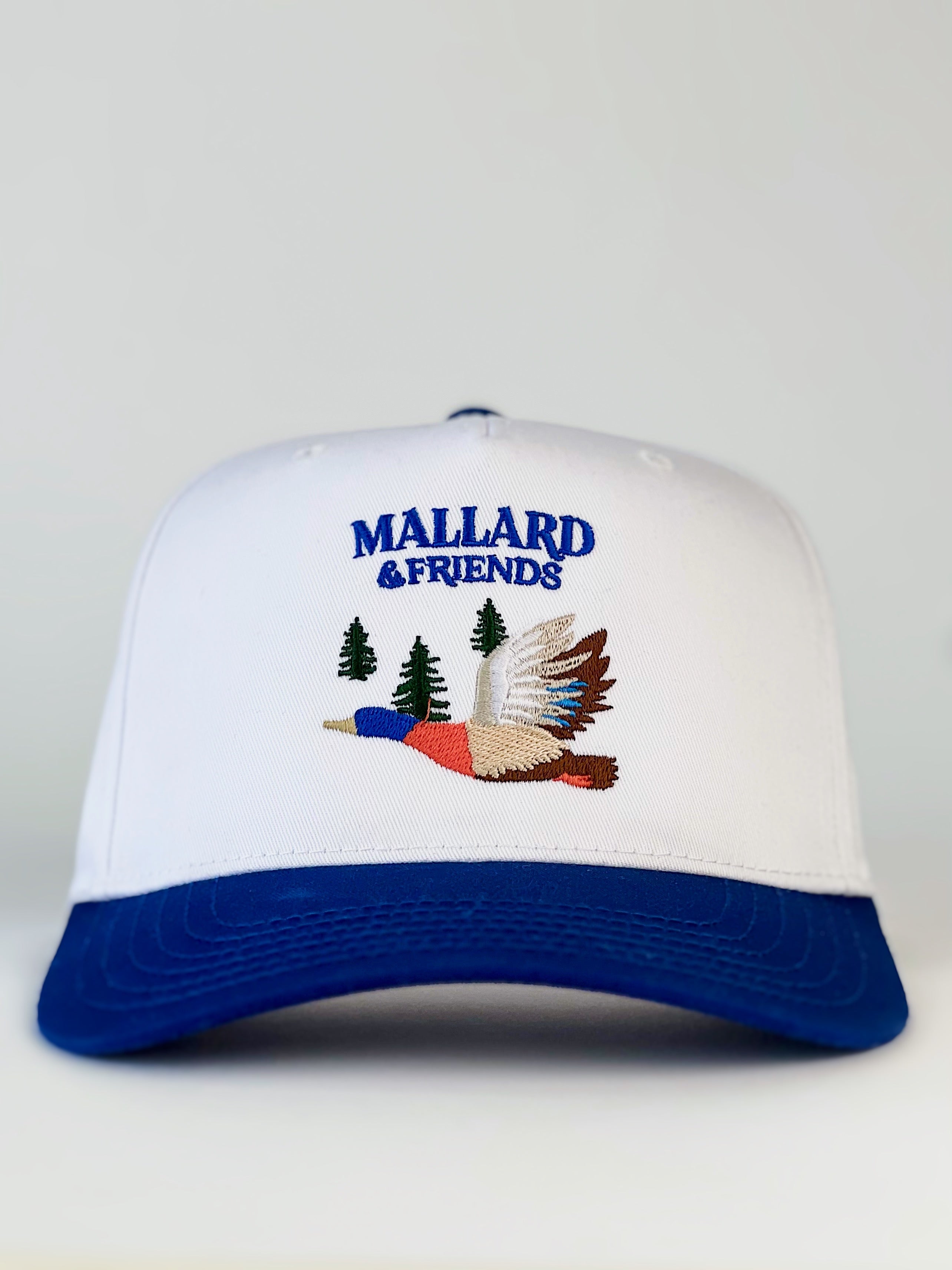 Mallard & Friends Hat | White and Royal Blue Five Panel Hat