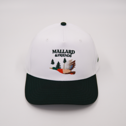 Mallard and Friends White and Dark Green Five Panel Hat Front Side