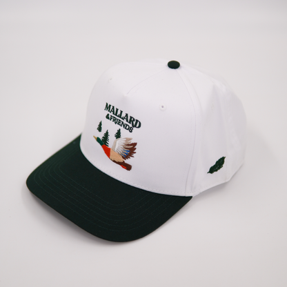 Mallard and Friends White and Dark Green Five Panel Hat with Flat Embroidery