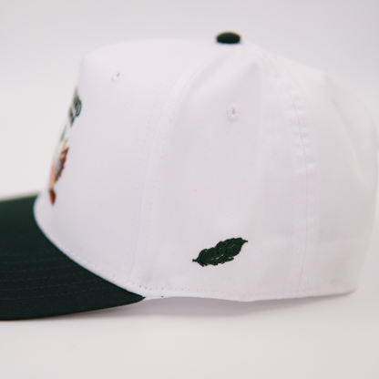 Mallard and Friends White and Dark Green Five Panel Hat Side with Leaf